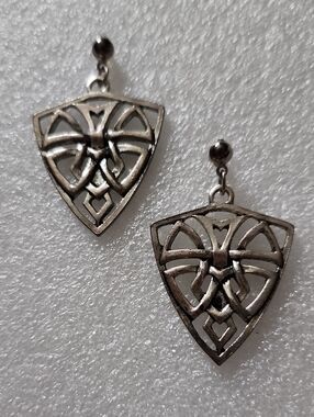 Hand Crafted Silver-tone Celtic Shield Drop Earrings